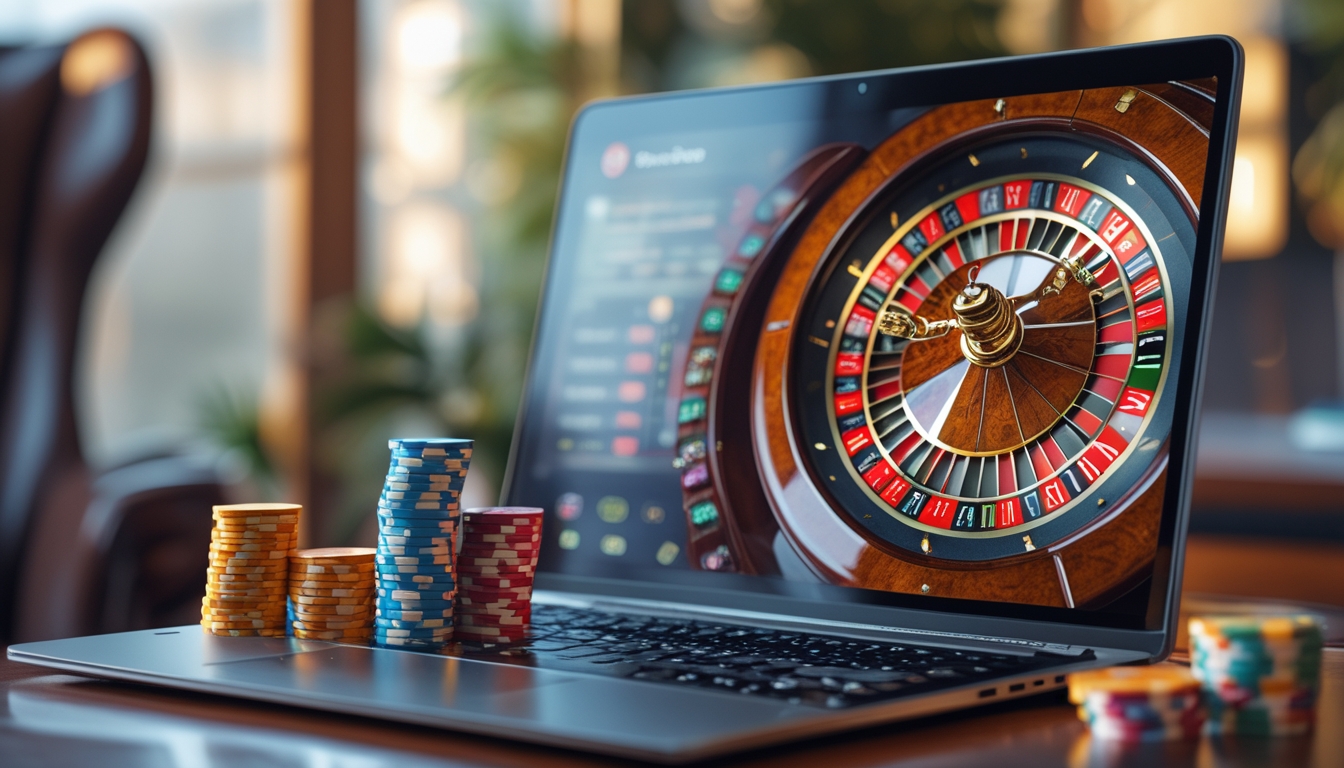 Seorang pemain duduk di depan laptop dengan tampilan roda roulette dan tumpukan chip warna-warni di meja kerja yang rapi.