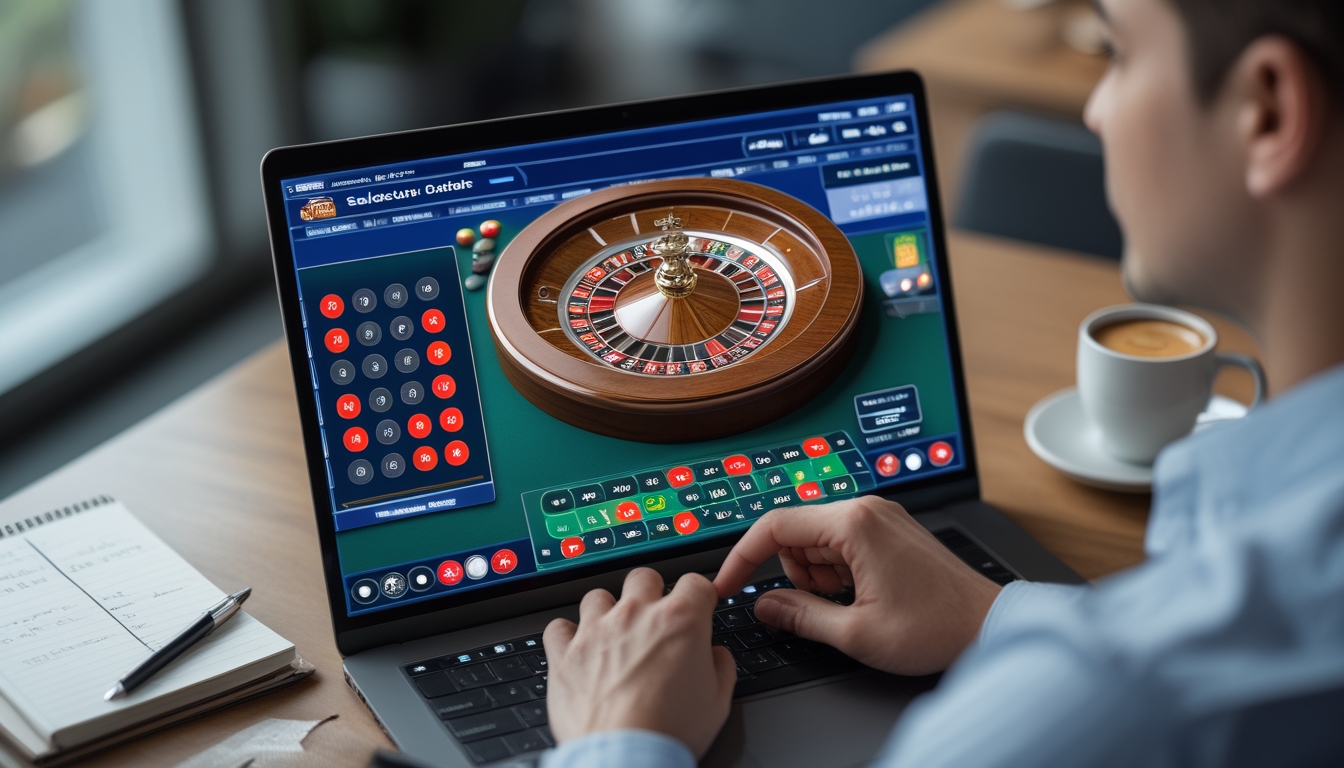 Seorang pria sedang melihat layar komputer yang menampilkan meja roulette online dengan fokus dan serius, dikelilingi oleh buku catatan dan kopi.