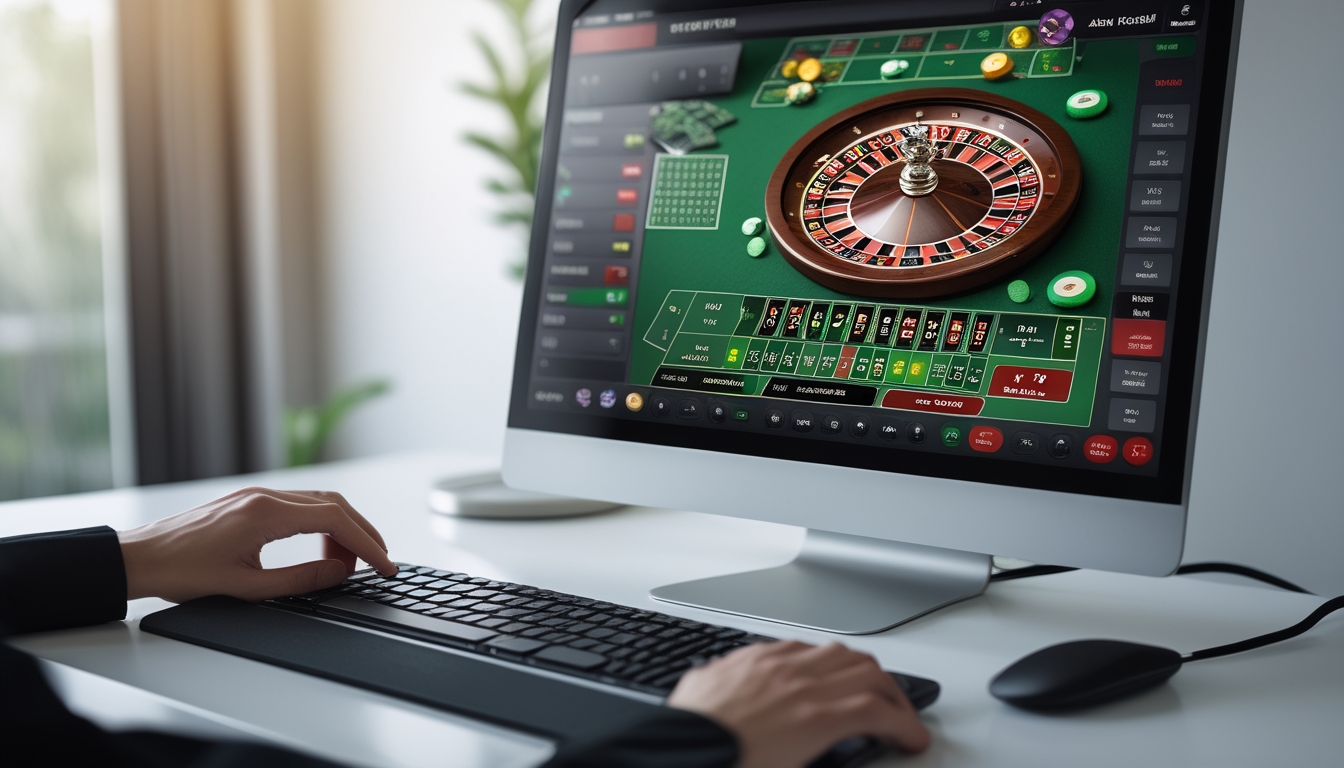 Meja komputer dengan layar menampilkan permainan roulette online dan tangan seseorang yang sedang bermain.