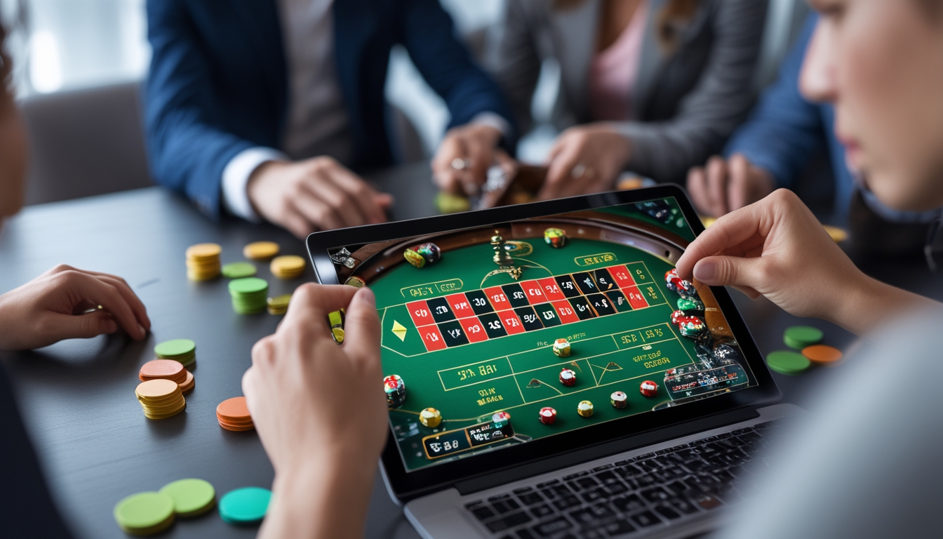 Tampilan meja roulette online dengan tangan pemain yang sedang memasang taruhan di layar komputer.