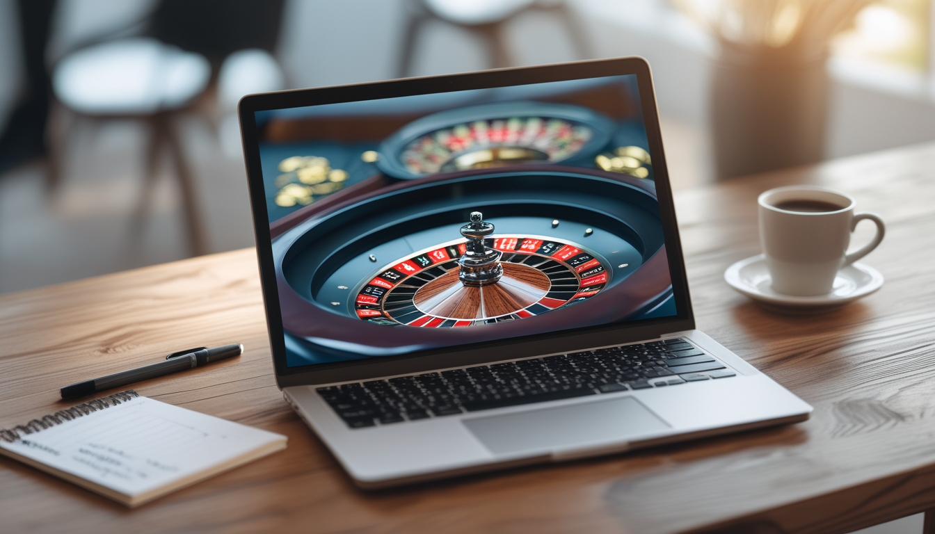 Seorang laptop menampilkan permainan roulette online dengan roda roulette berputar di layar, diletakkan di atas meja kayu dengan catatan dan cangkir kopi di sekitarnya.