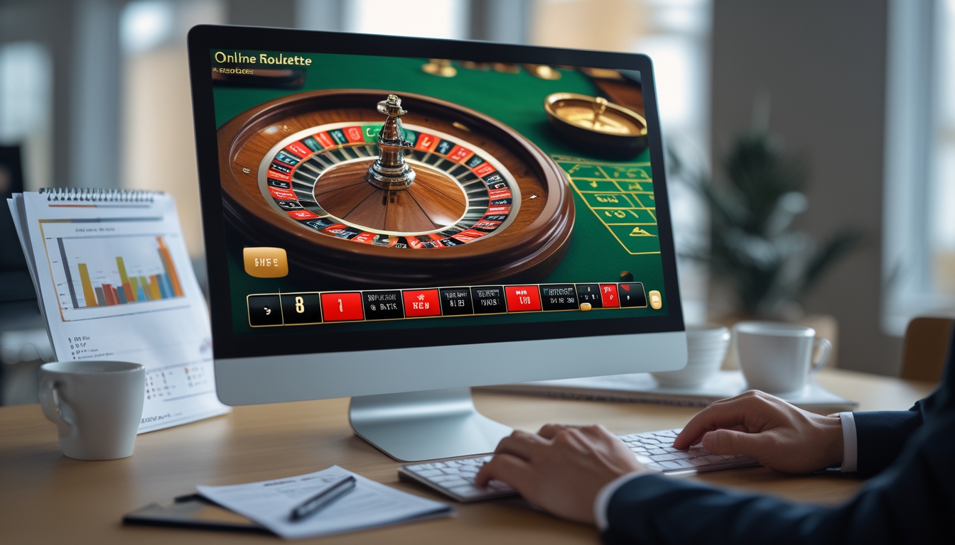 Seseorang menggunakan komputer dengan layar menampilkan roda roulette online, di meja kerja terdapat catatan dan kopi.