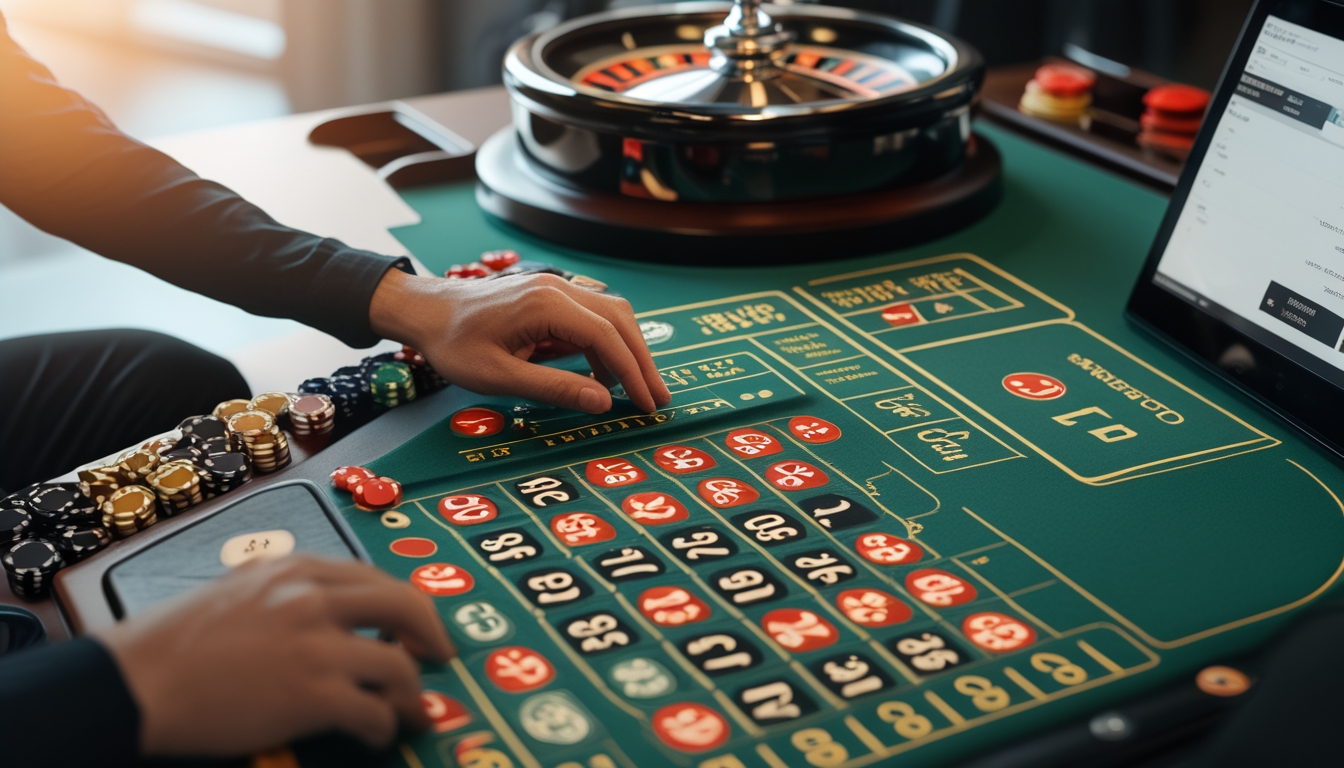 Meja roulette online dengan roda roulette, tata letak taruhan hijau, dan tangan pemain menggunakan perangkat digital.