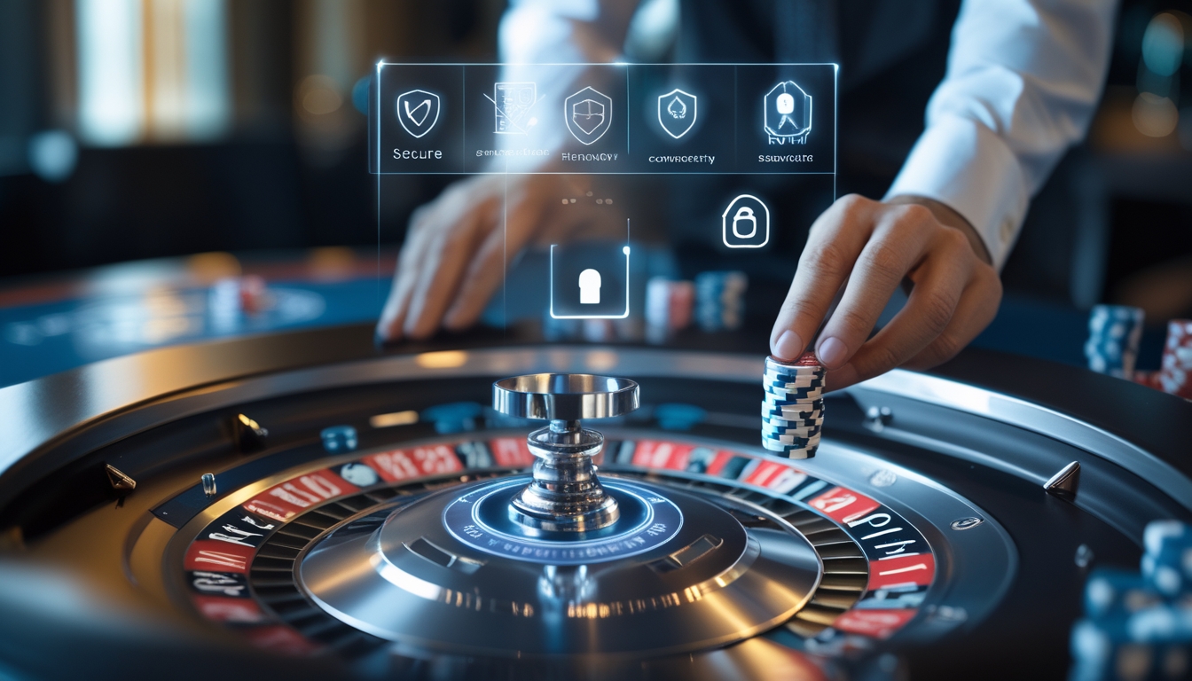 Tangan seseorang menempatkan chip pada meja roulette dengan simbol keamanan digital di latar belakang.