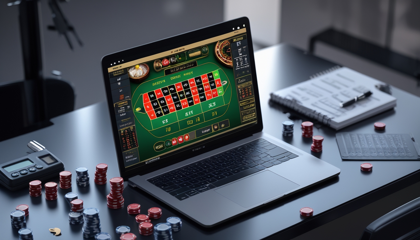 Sebuah meja kerja dengan komputer menampilkan permainan roulette online, dikelilingi chip poker, kalkulator, dan catatan strategi taruhan.