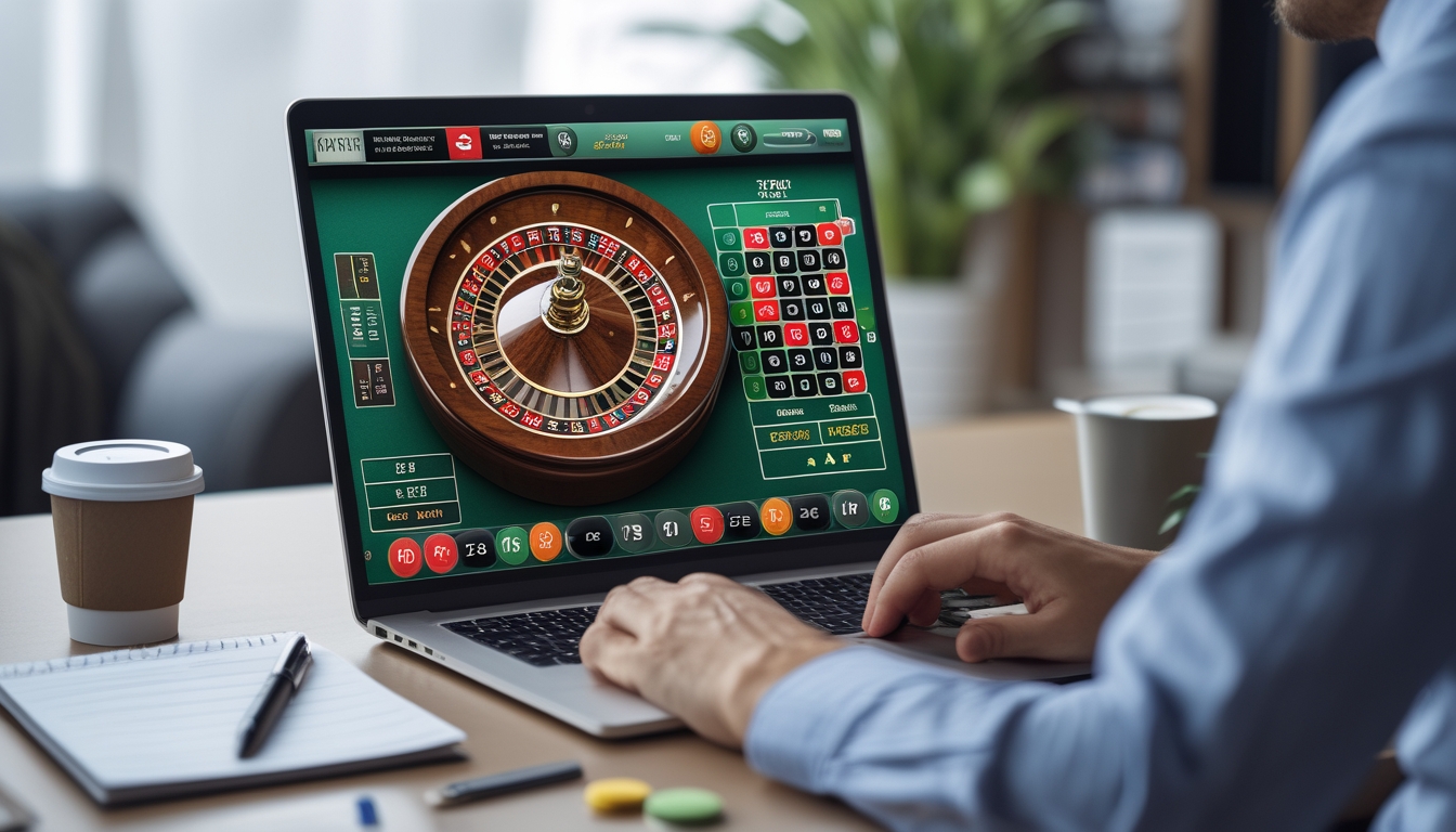 Sebuah meja kerja dengan komputer menampilkan permainan roulette online, dilengkapi dengan catatan dan alat tulis di sekitarnya.