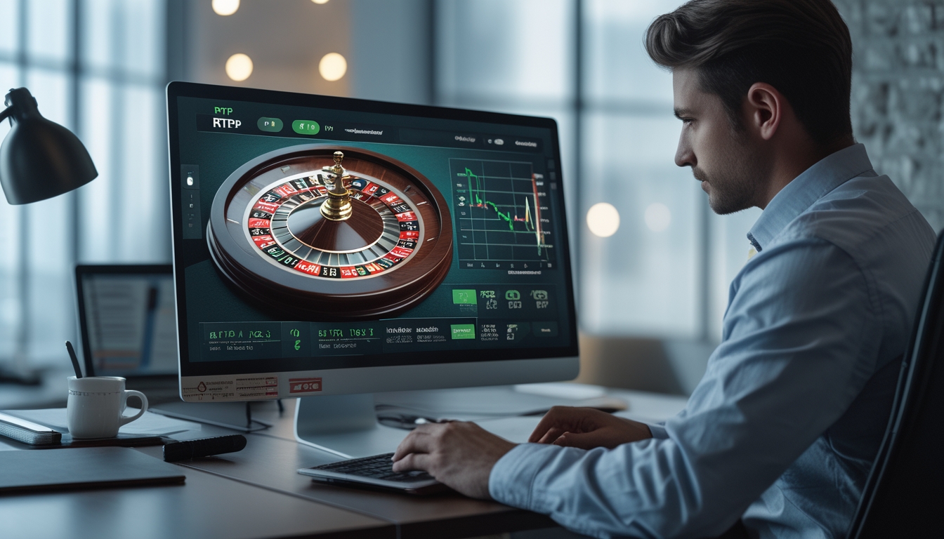 Seseorang sedang melihat meja roulette online di layar komputer dengan suasana kerja yang tenang dan fokus.