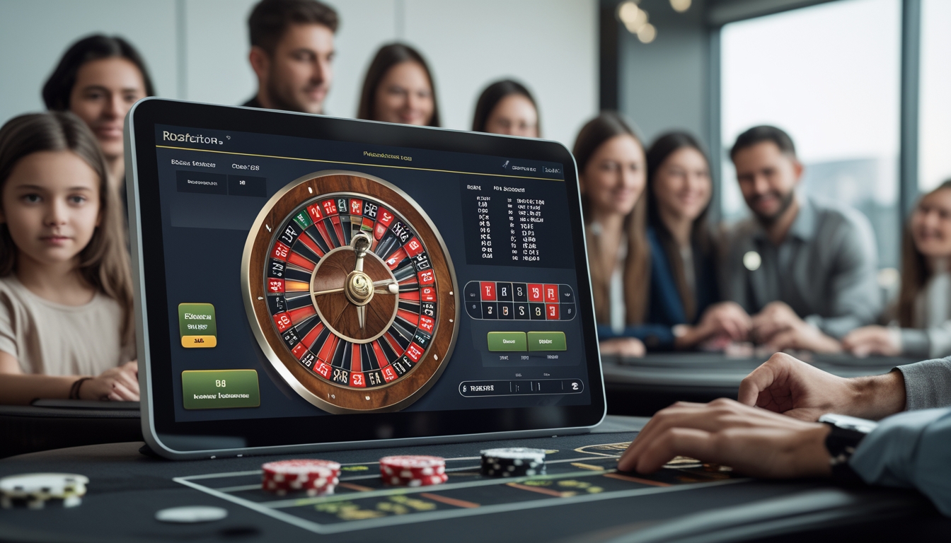 Meja roulette online dengan layar digital dan beberapa orang bermain, suasana profesional dan ramah.