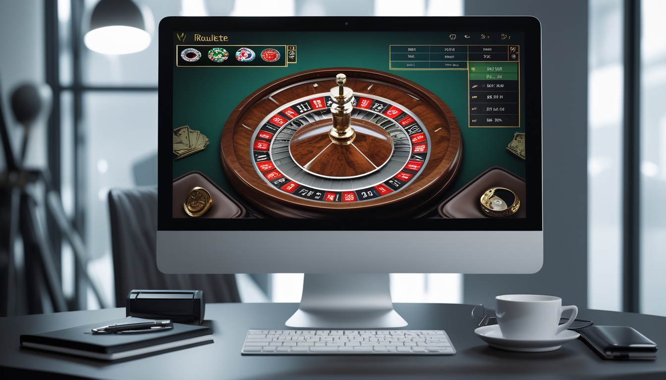 Sebuah meja kerja dengan komputer menampilkan permainan roulette online dengan roda roulette dan meja taruhan yang jelas terlihat.