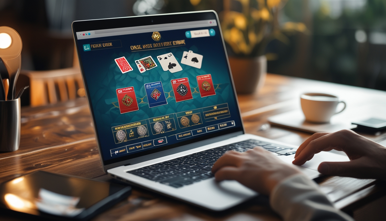 Seorang pengguna sedang bermain poker online di laptop dengan tumpukan chip dan kartu di layar, di meja kayu dengan suasana hangat dan nyaman.