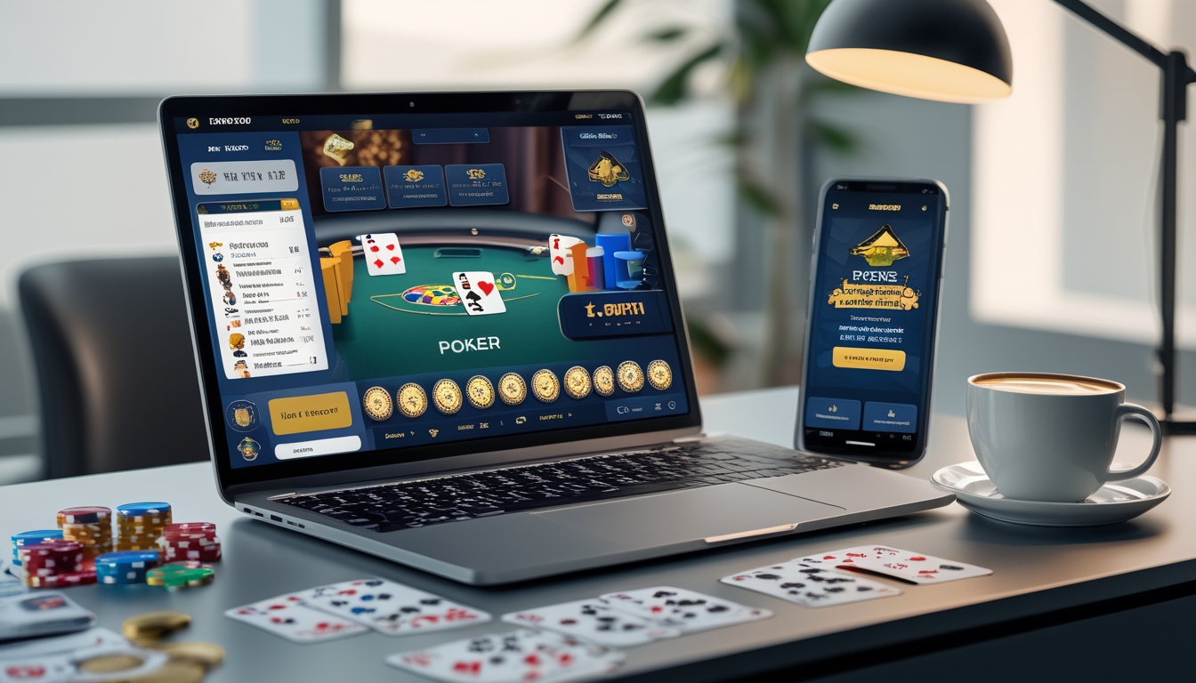 Seorang pengguna sedang bermain poker online di laptop dengan kartu dan chip poker di meja, serta ponsel menampilkan aplikasi poker dengan tawaran bonus.