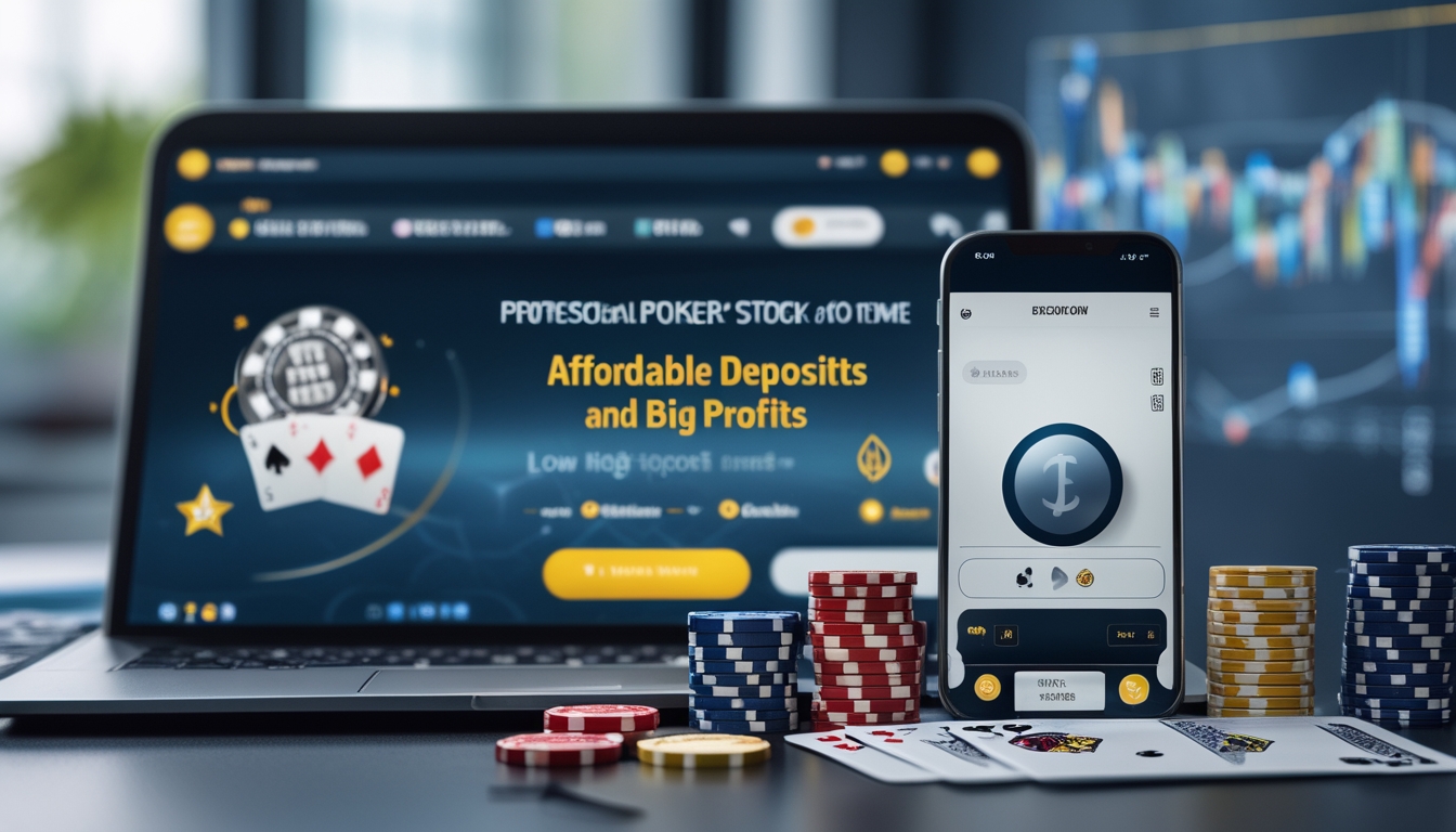 Seorang pria duduk di depan laptop dengan tampilan permainan poker online, di meja terdapat tumpukan chip poker dan kartu bermain, menunjukkan suasana taruhan dan keuntungan.