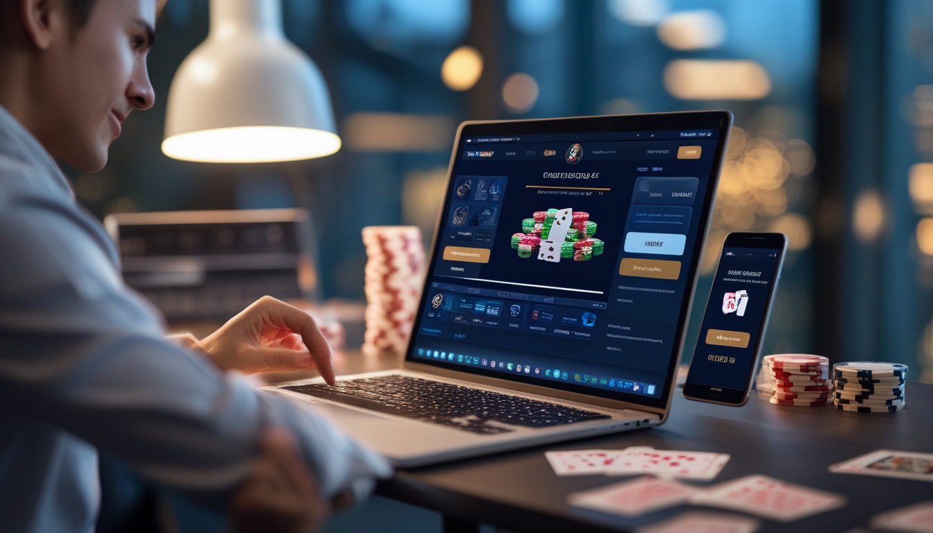 Seorang pria duduk di depan laptop dengan permainan poker online di layar, dikelilingi oleh chip poker dan kartu remi, sambil melihat ponsel yang menampilkan aplikasi keuangan.