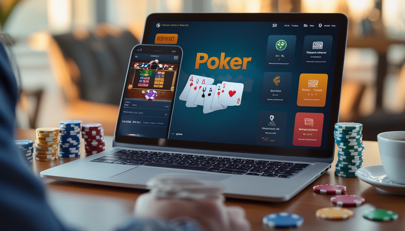 Sebuah laptop menampilkan permainan poker online dengan kartu dan chip poker di meja kayu, di sampingnya ada ponsel dengan aplikasi dompet digital dan secangkir kopi.