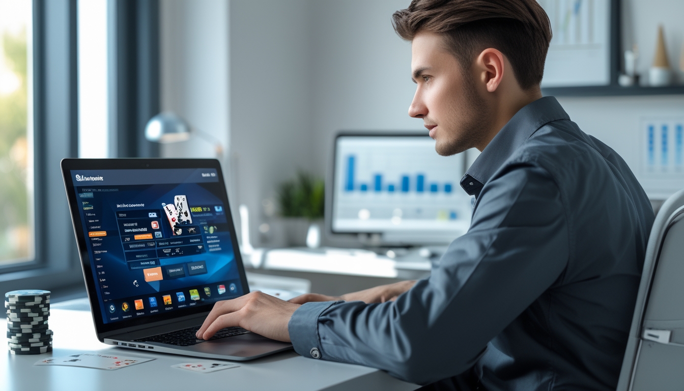 Seorang dewasa muda duduk di meja modern menggunakan laptop dengan chip poker dan kartu bermain di sekitarnya, menunjukkan aktivitas bermain poker online.