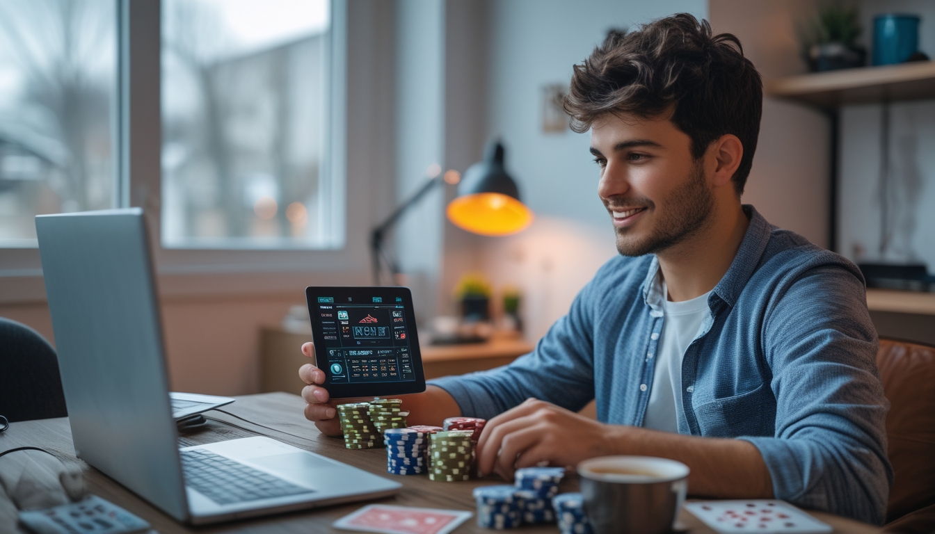 Seorang dewasa muda bermain poker online di laptop di ruang tamu yang nyaman dengan chip poker dan kartu di meja.
