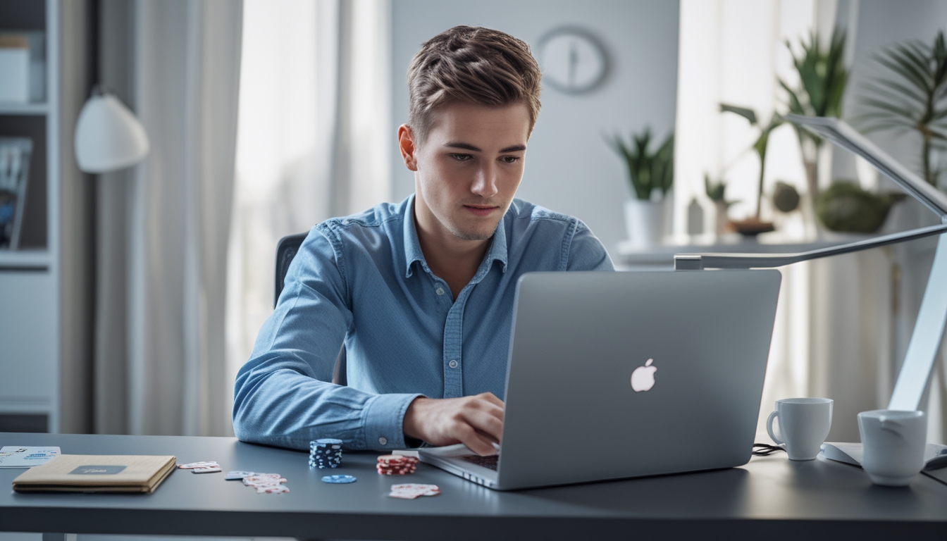Seorang pria muda duduk di meja dengan laptop, bermain poker online dengan fokus di ruang kerja yang terang.