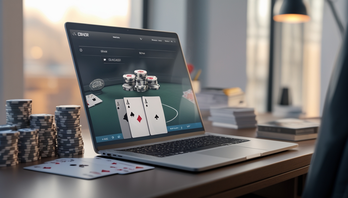 Sebuah meja kerja dengan komputer menampilkan permainan poker online, dikelilingi oleh tumpukan chip poker dan kartu bermain.
