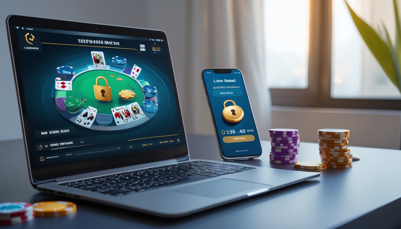 Seorang pemain poker online menggunakan laptop dan ponsel di meja dengan kartu dan chip poker terlihat di layar.