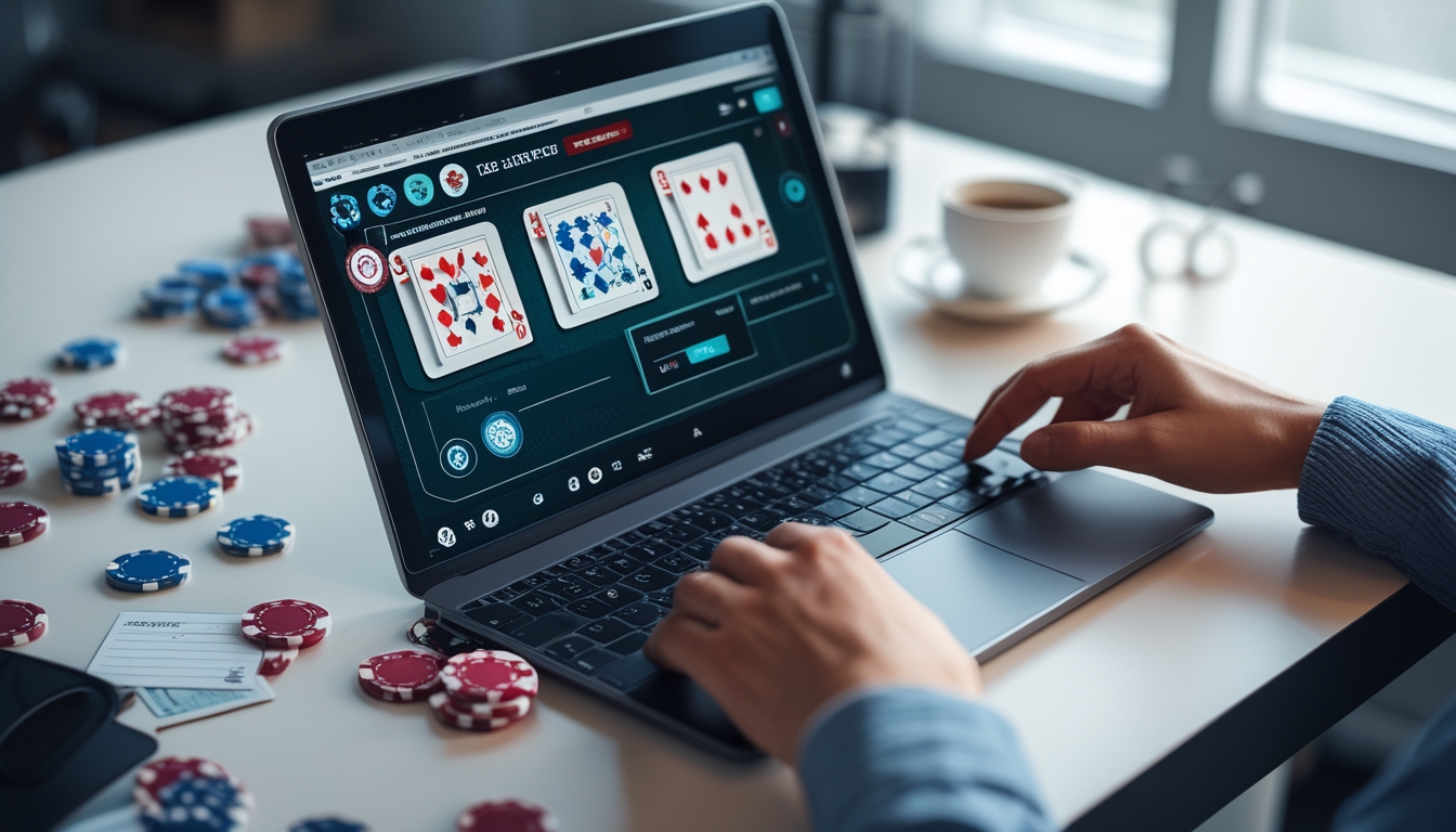 Seseorang sedang menggunakan laptop dengan tampilan permainan poker online, dikelilingi chip poker dan kartu, di meja kerja yang rapi.