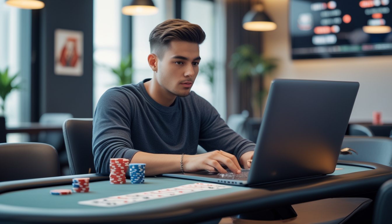 Seorang pria muda duduk di depan laptop di meja poker dengan kartu dan chip poker di sekitarnya, terlihat fokus dan serius bermain poker online.