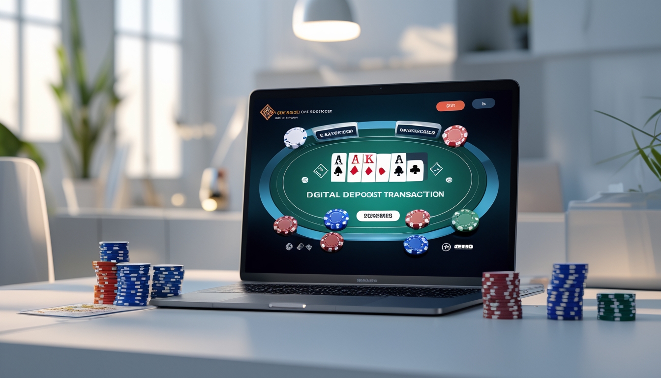 Seseorang menggunakan laptop dengan tampilan permainan poker online, dikelilingi chip poker dan kartu remi di meja yang rapi.