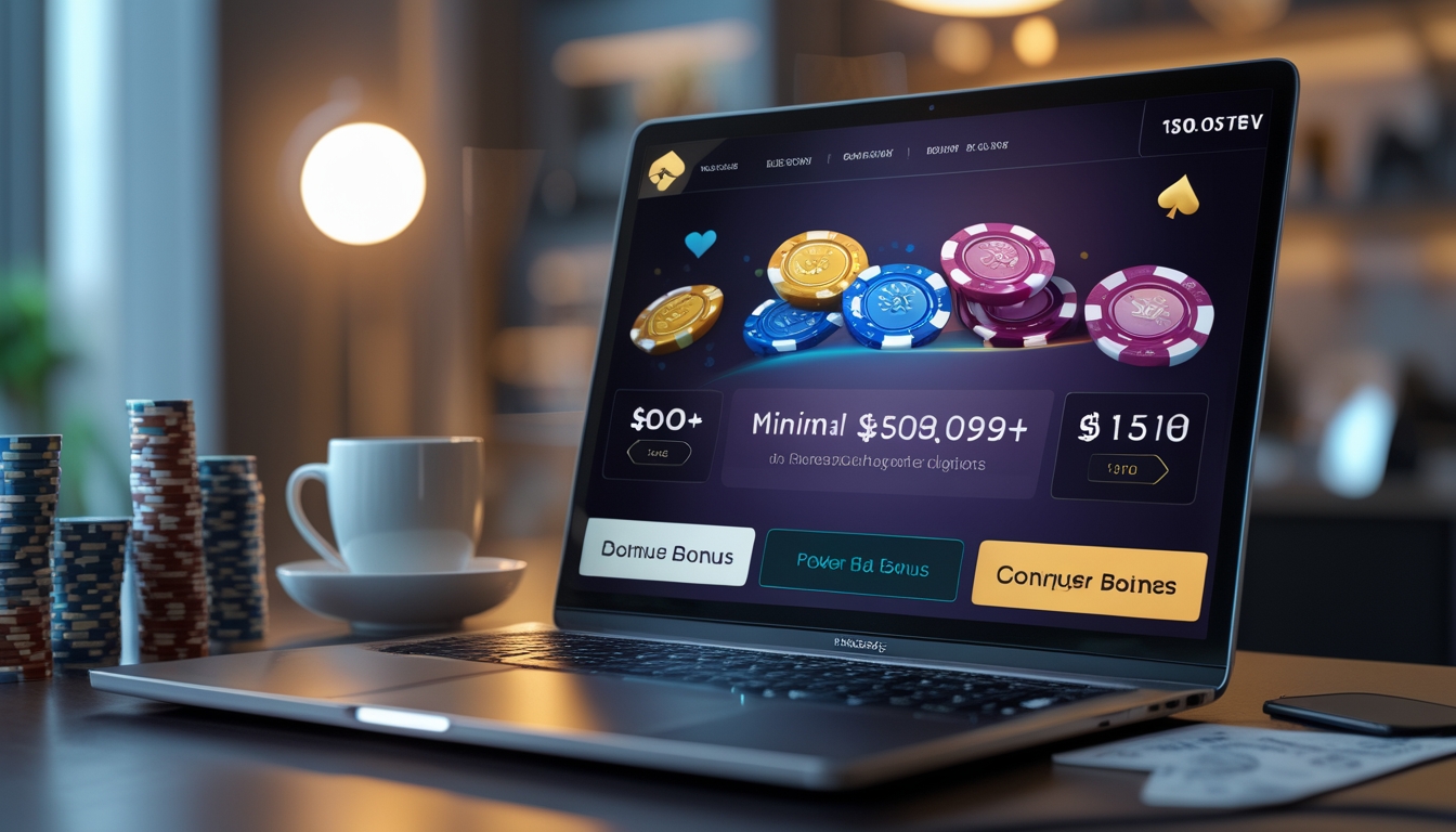 Seorang pria menggunakan laptop di meja kerja dengan tampilan permainan poker online dan chip poker di sekitarnya.