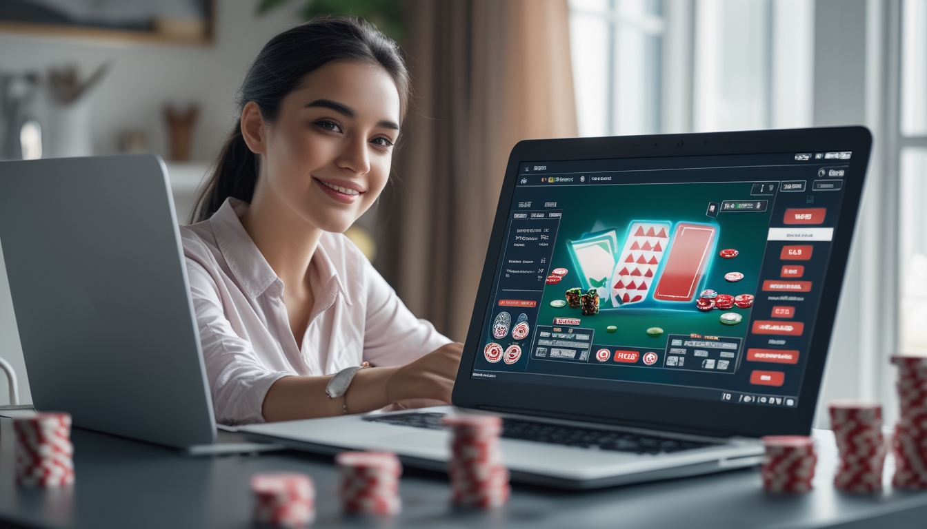 Seorang dewasa muda duduk di depan laptop yang menampilkan permainan poker online dengan tumpukan chip kecil di meja, terlihat fokus dan senang.