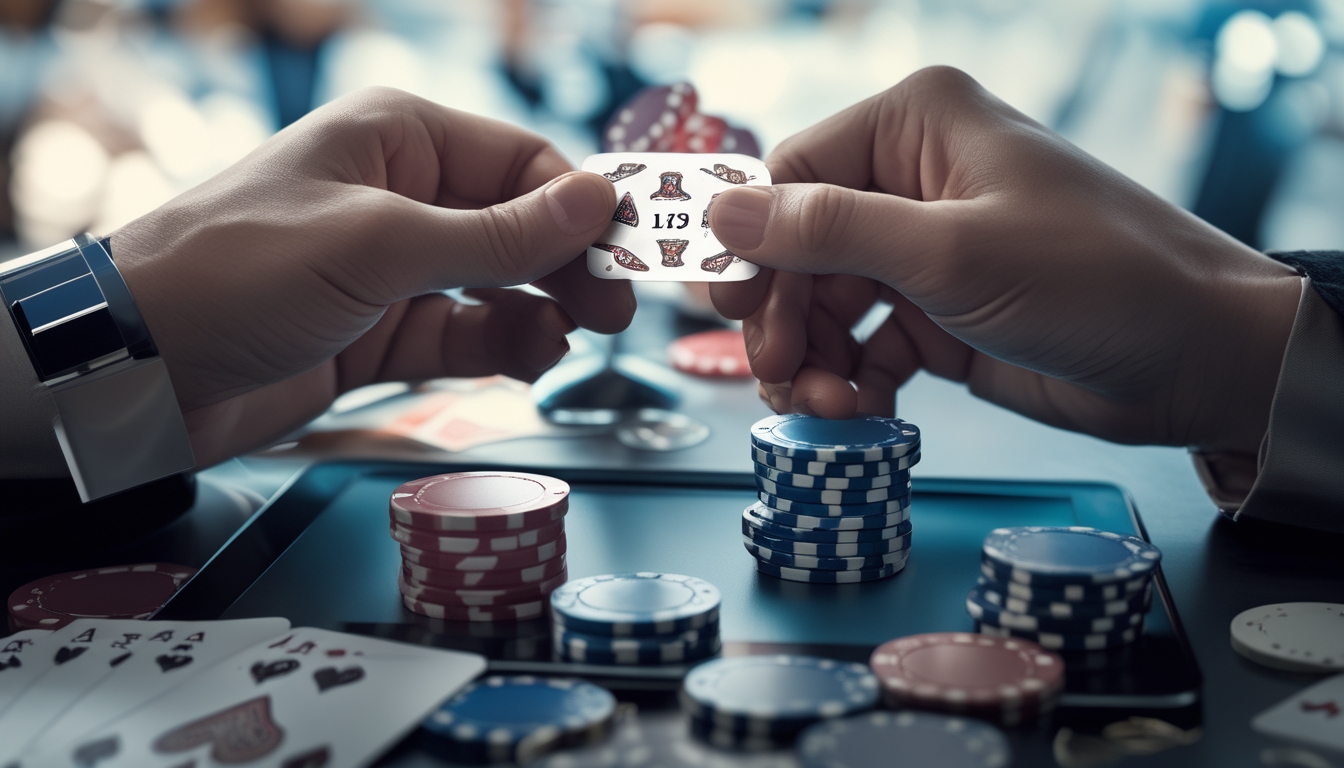 Tangan seseorang memegang chip poker dan kartu di depan layar tablet yang menampilkan permainan poker online.