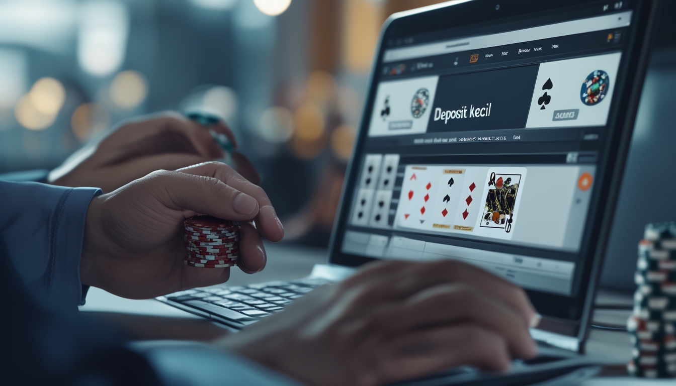 Seorang pemain menggunakan komputer untuk bermain poker online dengan tumpukan chip dan kartu di layar.