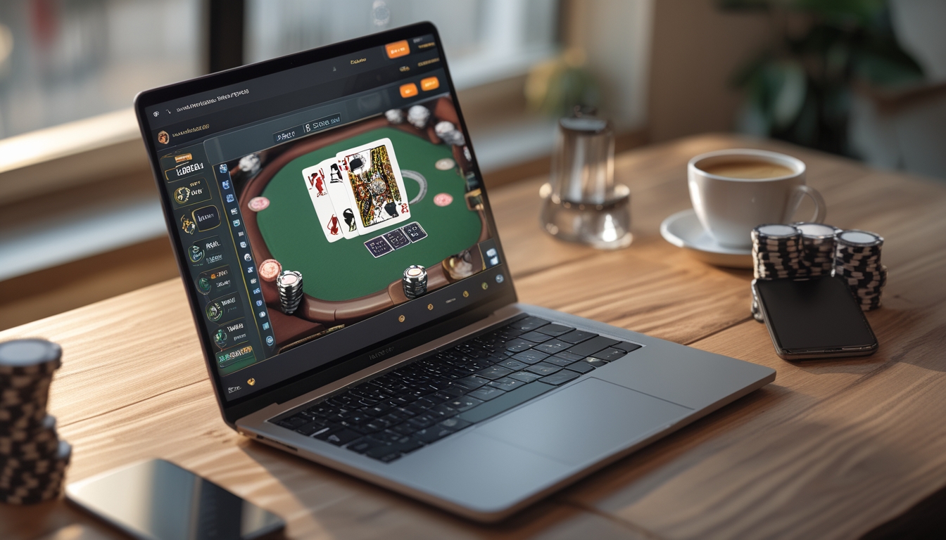 Suasana bermain poker online dengan perangkat digital di atas meja kayu, dikelilingi chip poker dan secangkir kopi.