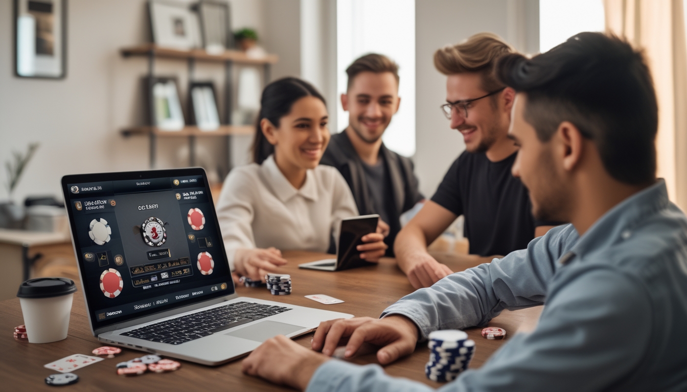 Orang-orang bermain poker online di laptop di ruang kerja yang nyaman dengan chip dan kartu remi di meja.