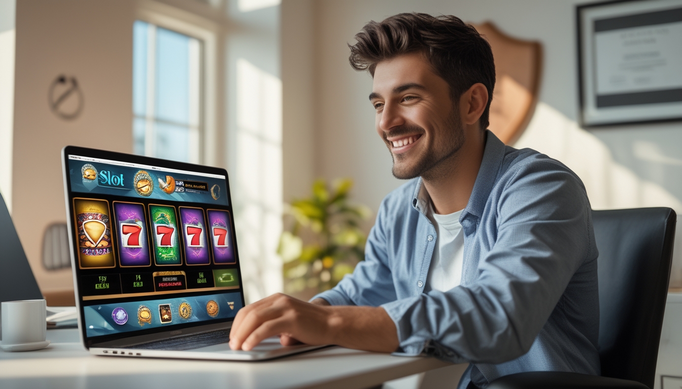 Seorang pria muda duduk di meja dengan laptop yang menampilkan permainan slot online, terlihat percaya diri dan senang.