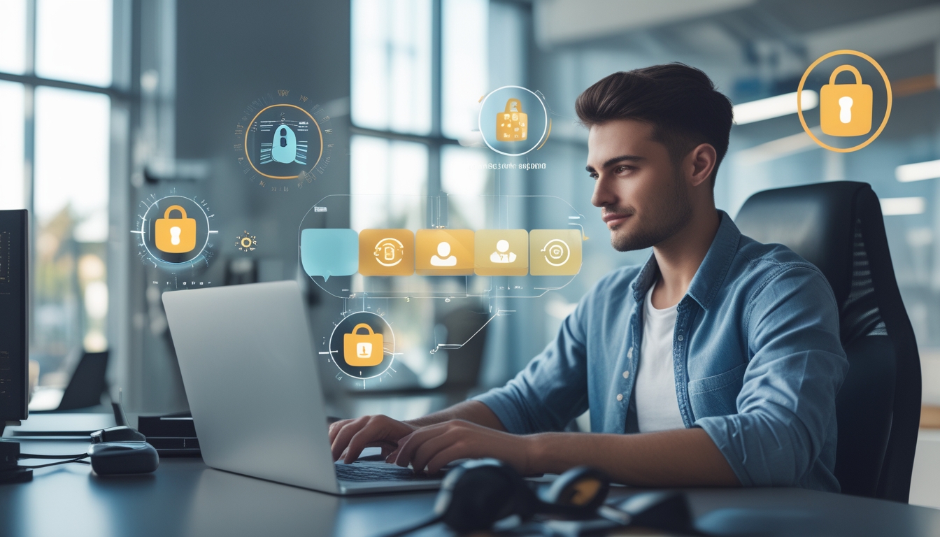 Seorang dewasa muda duduk di depan laptop dengan ikon keamanan digital mengelilingi layar, menunjukkan perlindungan data pengguna dalam konteks agen slot terpercaya.