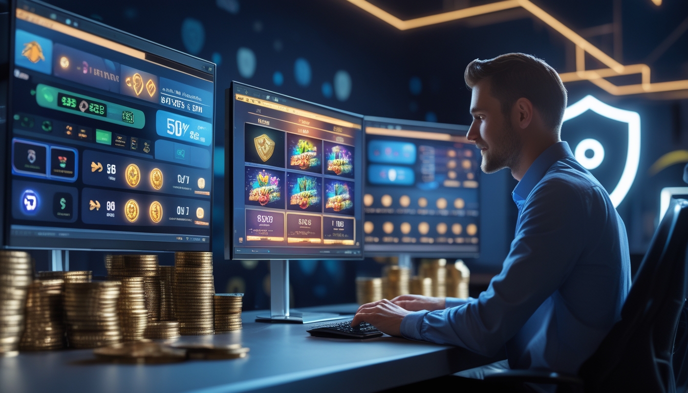 Seseorang duduk di meja dengan beberapa layar komputer yang menampilkan permainan slot dan grafik pertumbuhan, di latar belakang terdapat simbol keamanan dan tumpukan koin.