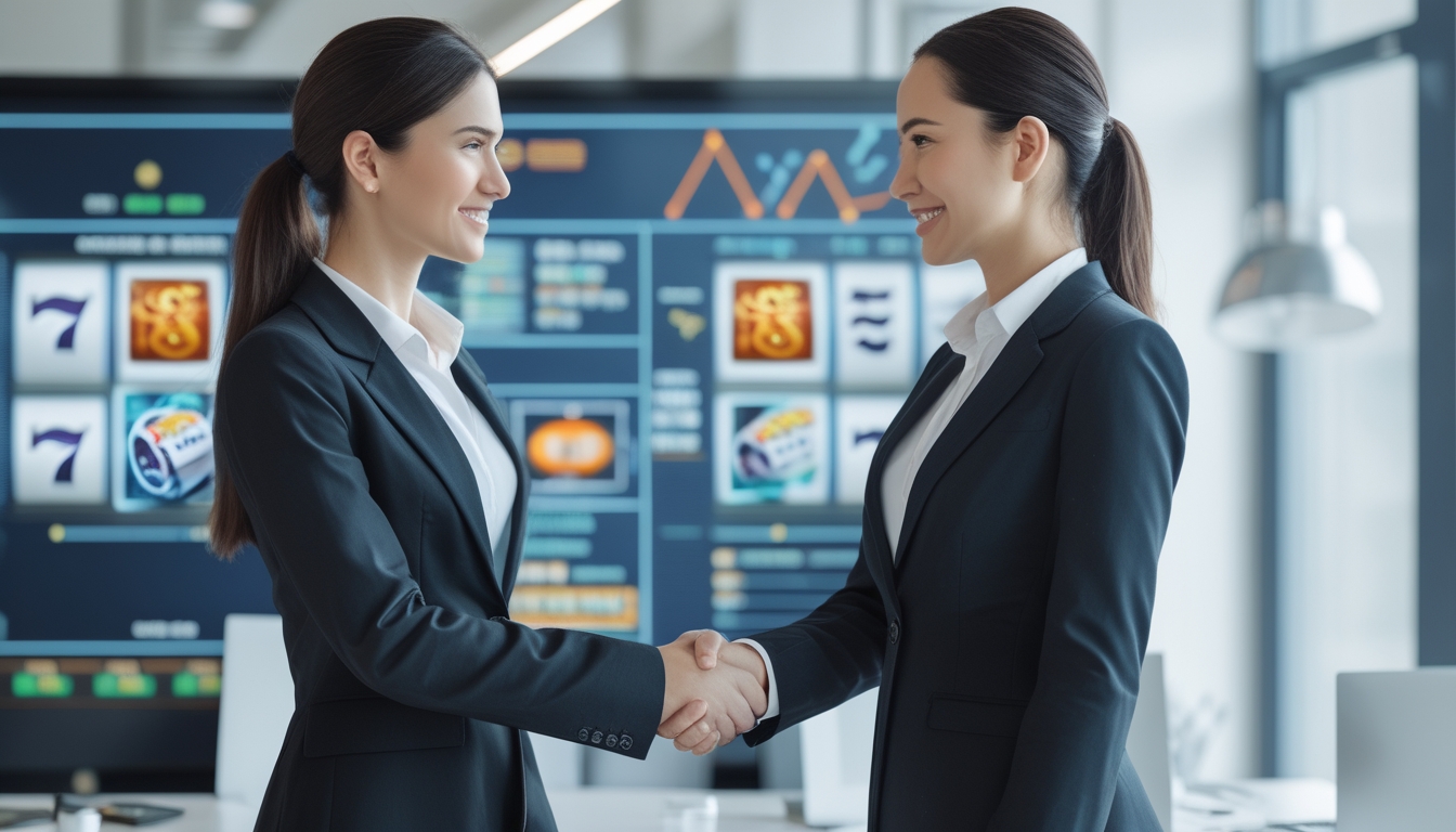 Seorang wanita dan pria bisnis berjabat tangan di kantor modern dengan layar digital menampilkan ikon mesin slot dan grafik naik di latar belakang.