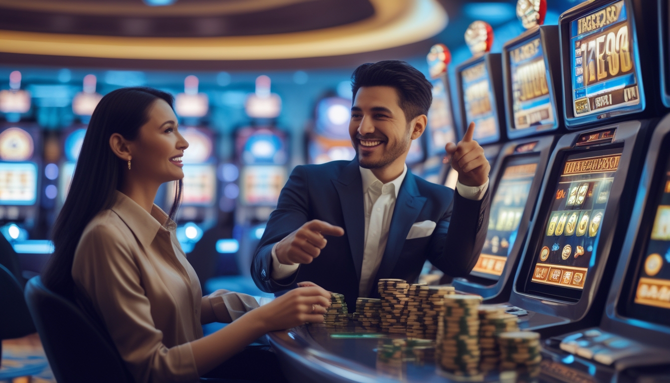 Seorang pria dan wanita duduk di depan mesin slot di kasino, terlihat bersemangat sambil memegang chip dan menunjuk layar mesin.