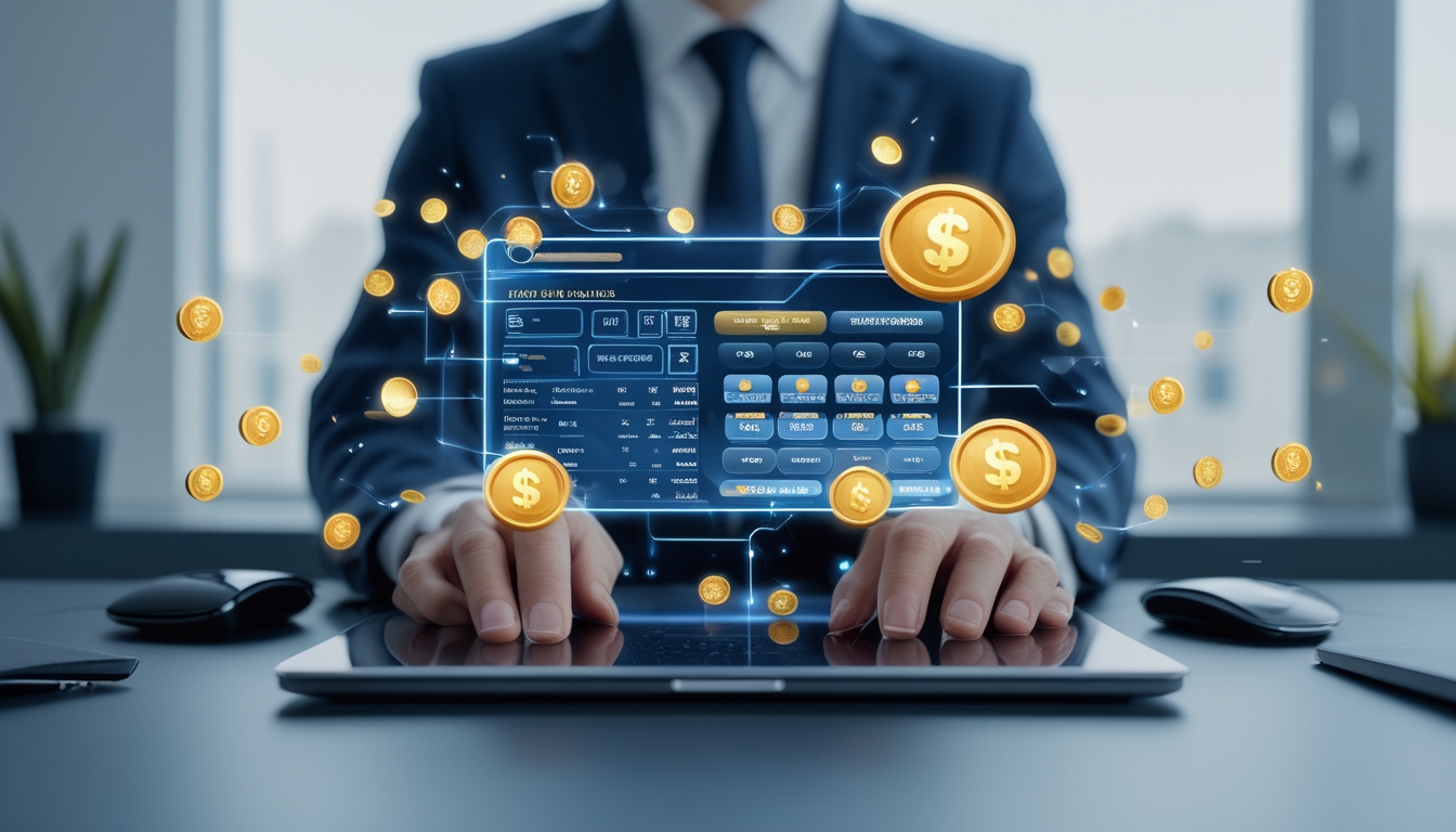 Seseorang menggunakan laptop dengan layar menampilkan sistem pembayaran dan simbol bonus slot di ruang kerja yang rapi.