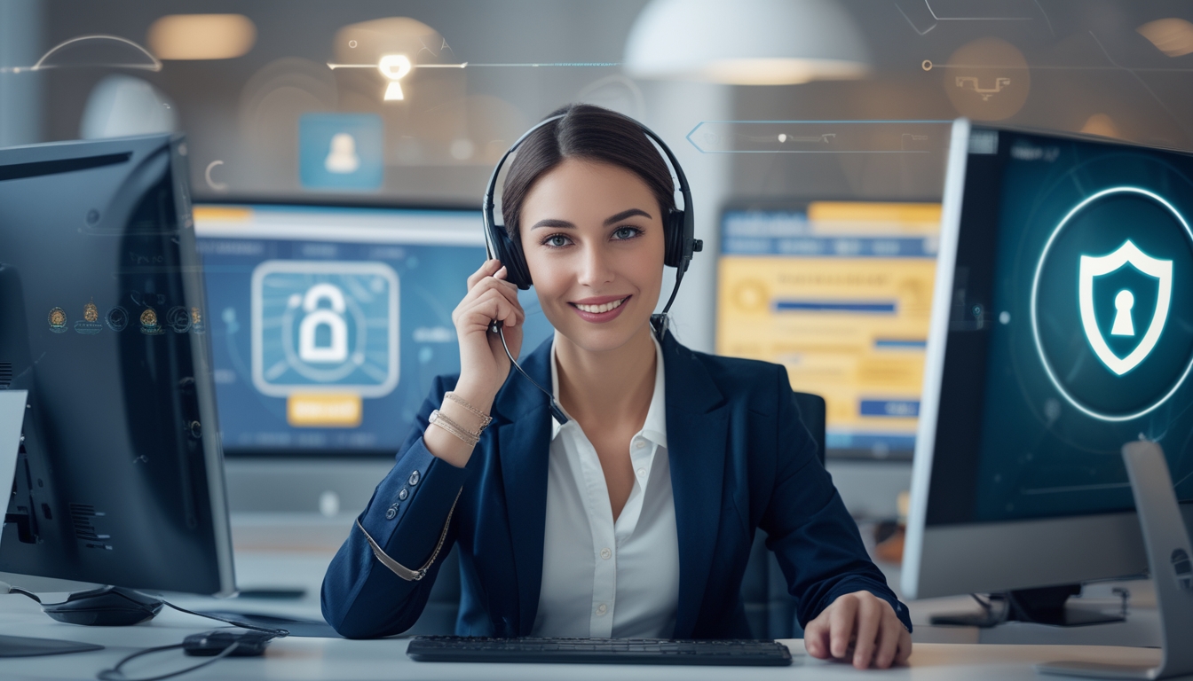 Seorang agen layanan pelanggan profesional di kantor modern dengan layar komputer yang menampilkan ikon keamanan digital dan sistem pembayaran yang aman.