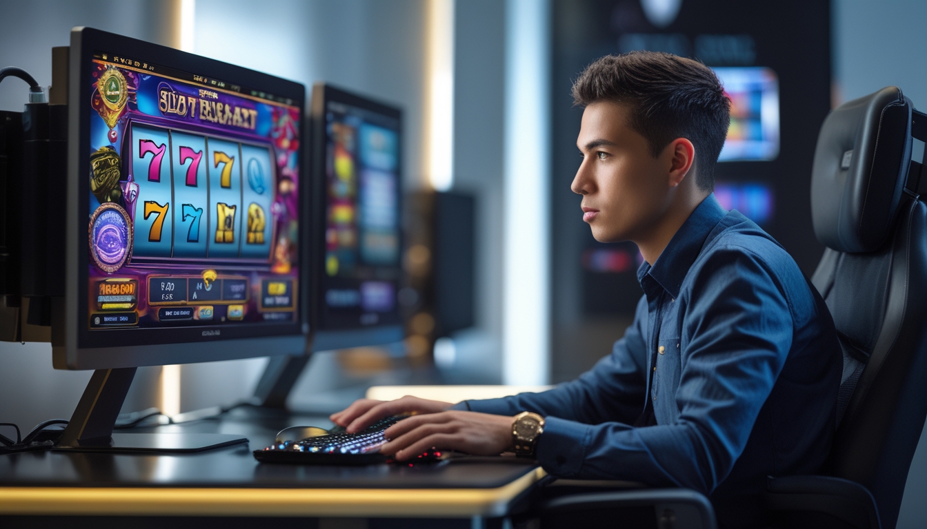 Seseorang duduk di depan komputer dengan tampilan permainan slot yang cerah, terlihat fokus dan percaya diri dalam suasana ruangan yang modern dan terang.