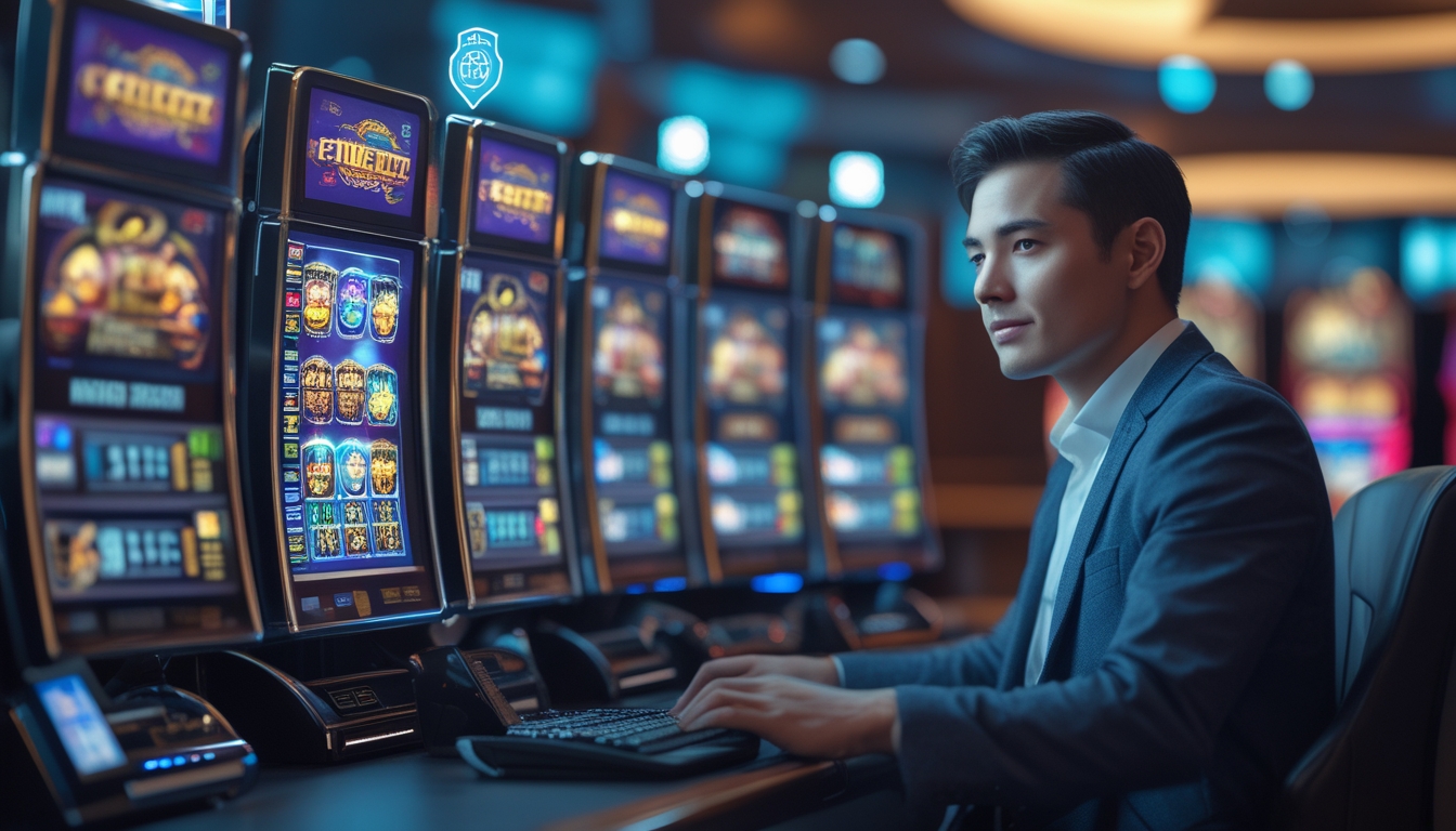 Seorang pria percaya diri duduk di depan beberapa layar mesin slot di ruang permainan yang modern dan terang.