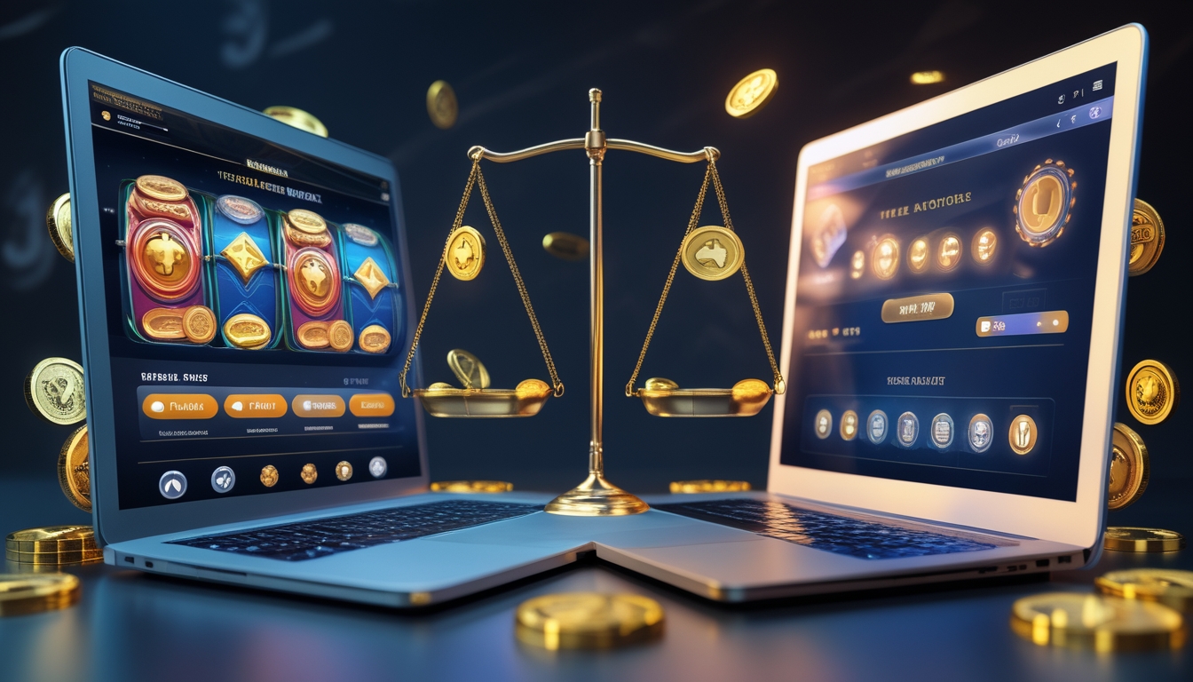 Dua perangkat digital berdampingan menunjukkan perbandingan antara agen slot terpercaya dan situs biasa dengan simbol kepercayaan dan koin emas di sisi agen terpercaya.