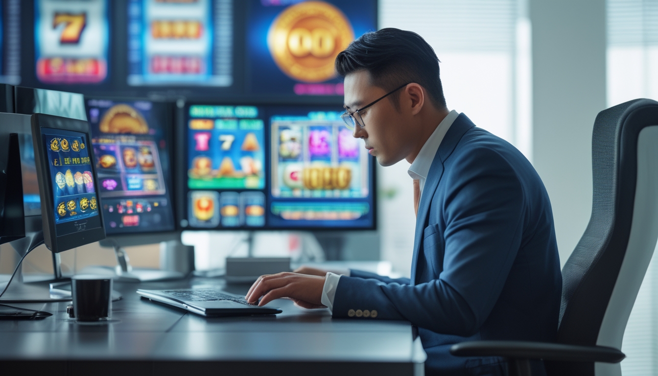 Seorang pria duduk di meja dengan komputer yang menampilkan grafik mesin slot, sedang fokus bekerja di kantor modern.