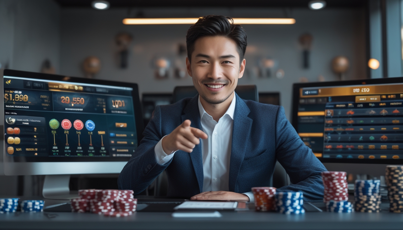 Seorang pria Asia duduk di meja kerja dengan beberapa layar komputer yang menampilkan permainan slot dan grafik keuntungan yang meningkat.