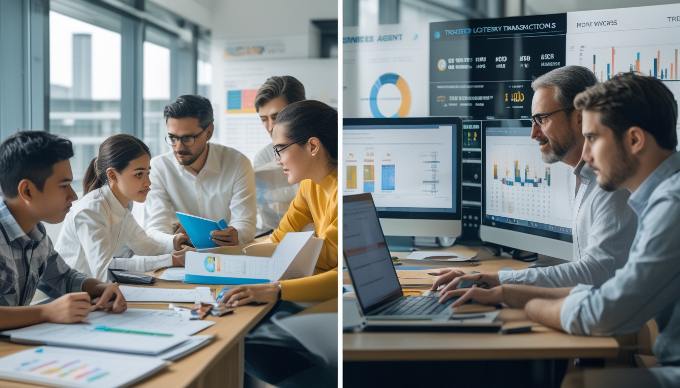 Dua kelompok orang di kantor modern, satu kelompok pemula belajar dengan antusias, kelompok lain profesional bekerja dengan alat digital canggih.