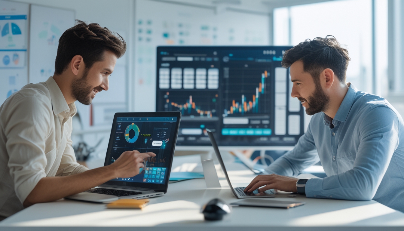 Dua orang di kantor modern, satu belajar menggunakan laptop dengan fitur sederhana, satu lagi menganalisis data kompleks di beberapa layar besar.