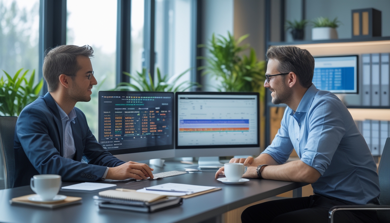 Dua orang sedang berdiskusi serius di kantor modern dengan komputer dan dokumen di meja.