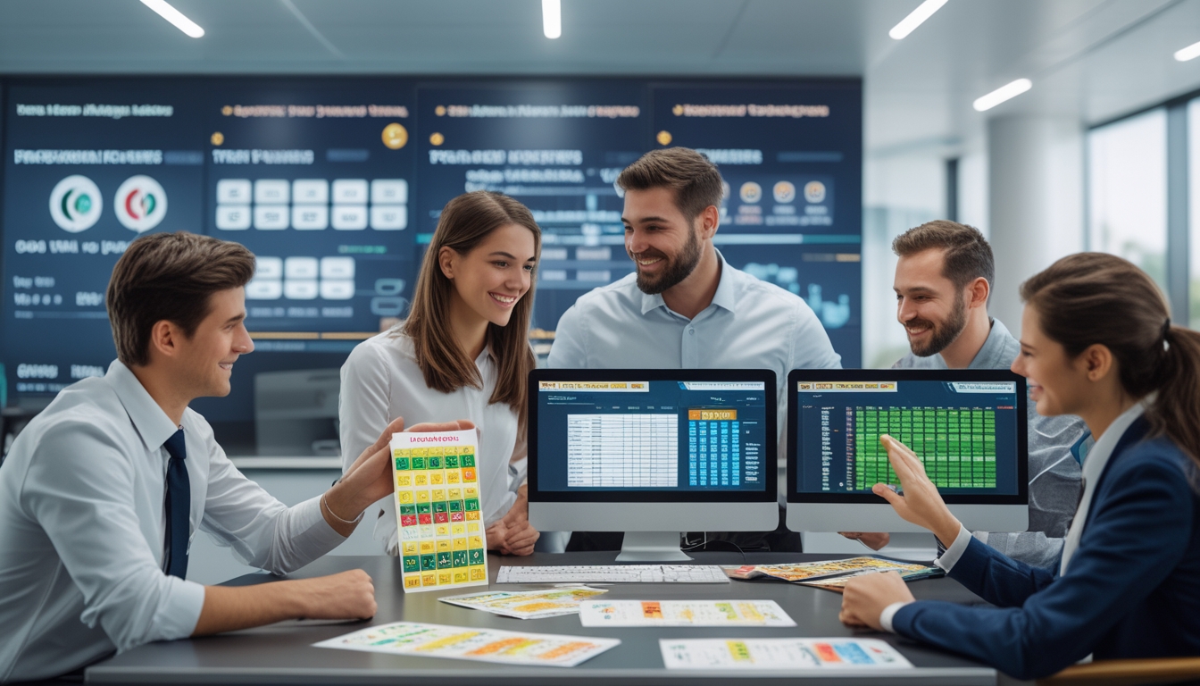 Dua kelompok orang di kantor modern, satu kelompok pemula menerima bimbingan dari agen, kelompok lain pemain profesional menganalisis data lotre di komputer.