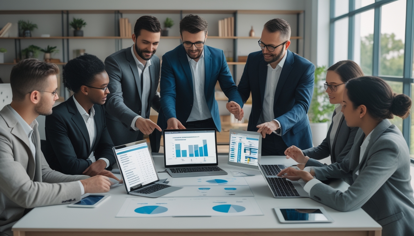 Kelompok orang sedang berdiskusi di ruang kantor dengan laptop dan grafik di meja, fokus memilih agen terpercaya.