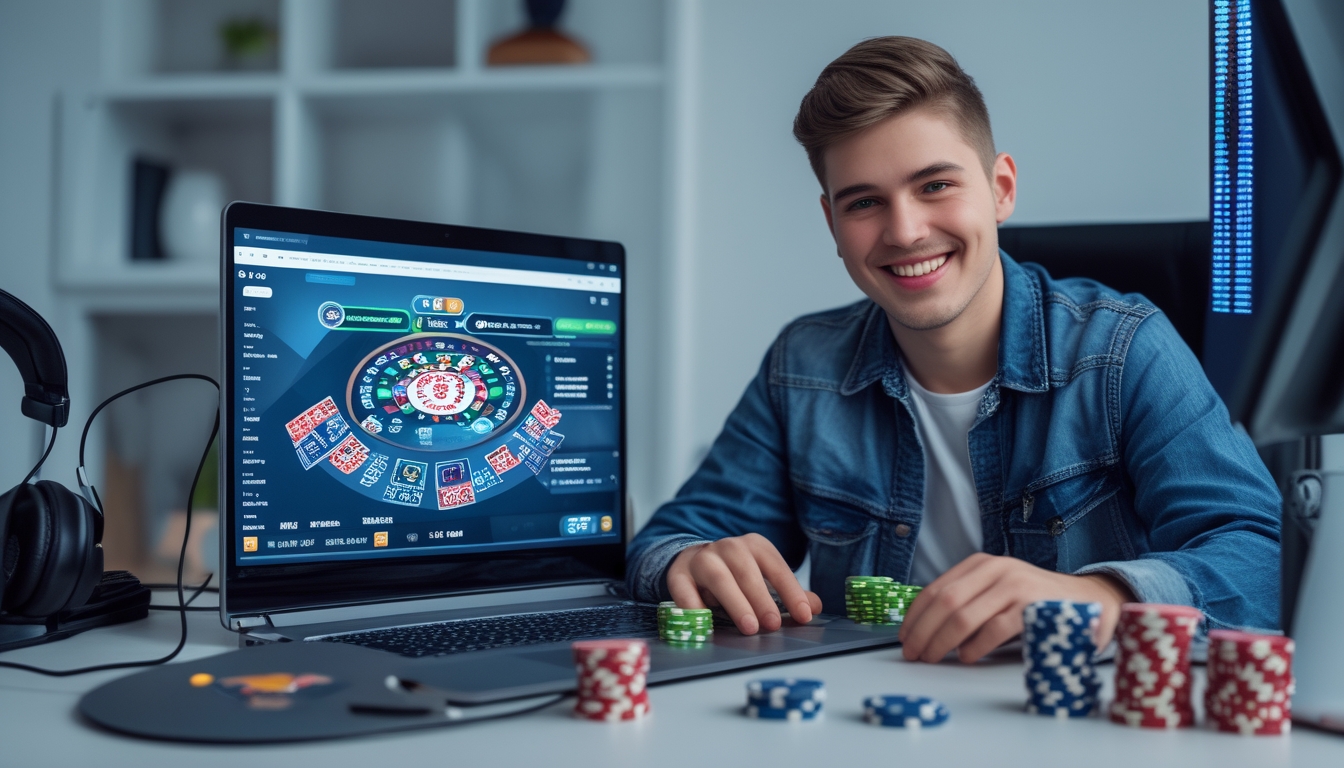 Seorang dewasa muda duduk di meja dengan laptop yang menampilkan permainan poker online, dikelilingi chip poker dan kartu bermain, terlihat puas dan percaya diri.